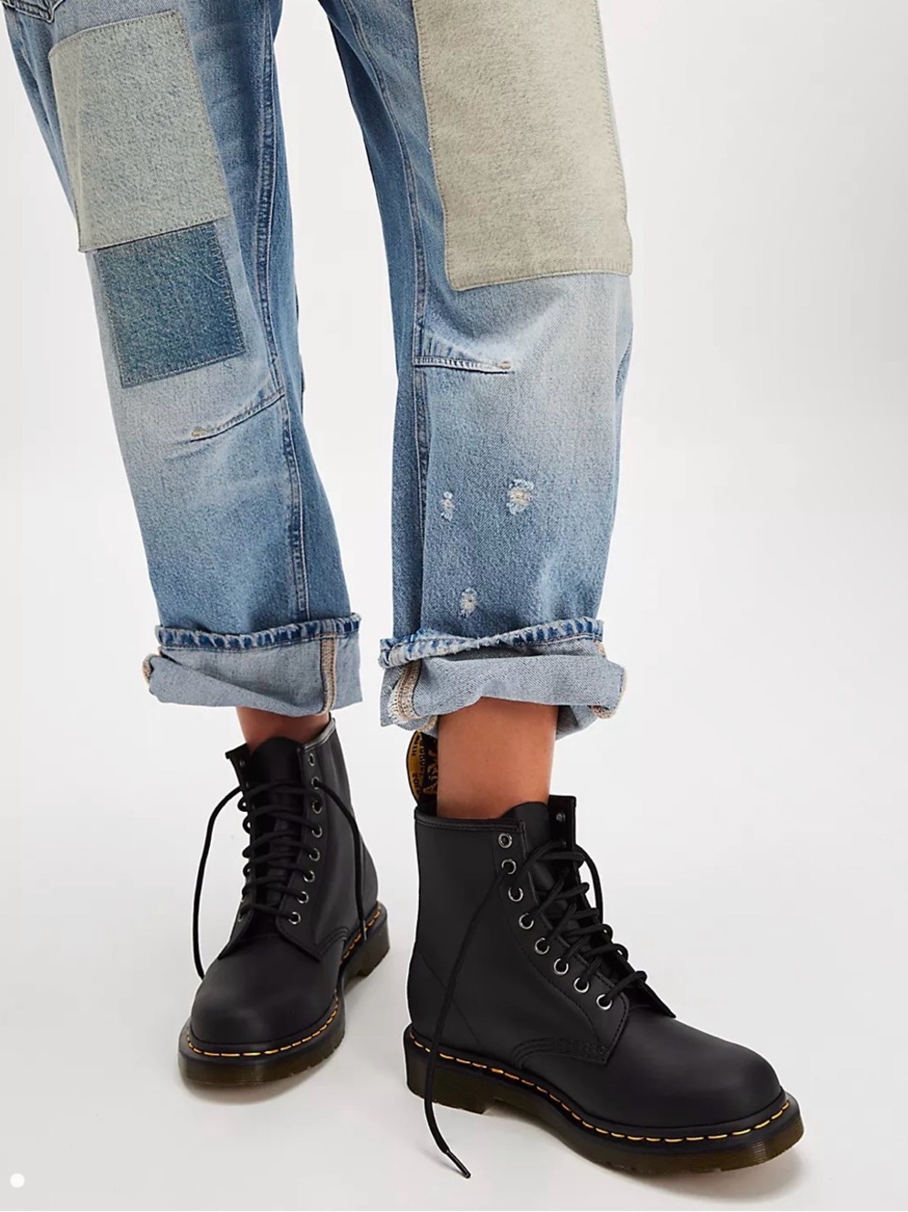 Dr. Martens Black Leather Lace-Up Ankle Boots with Yellow Stitching